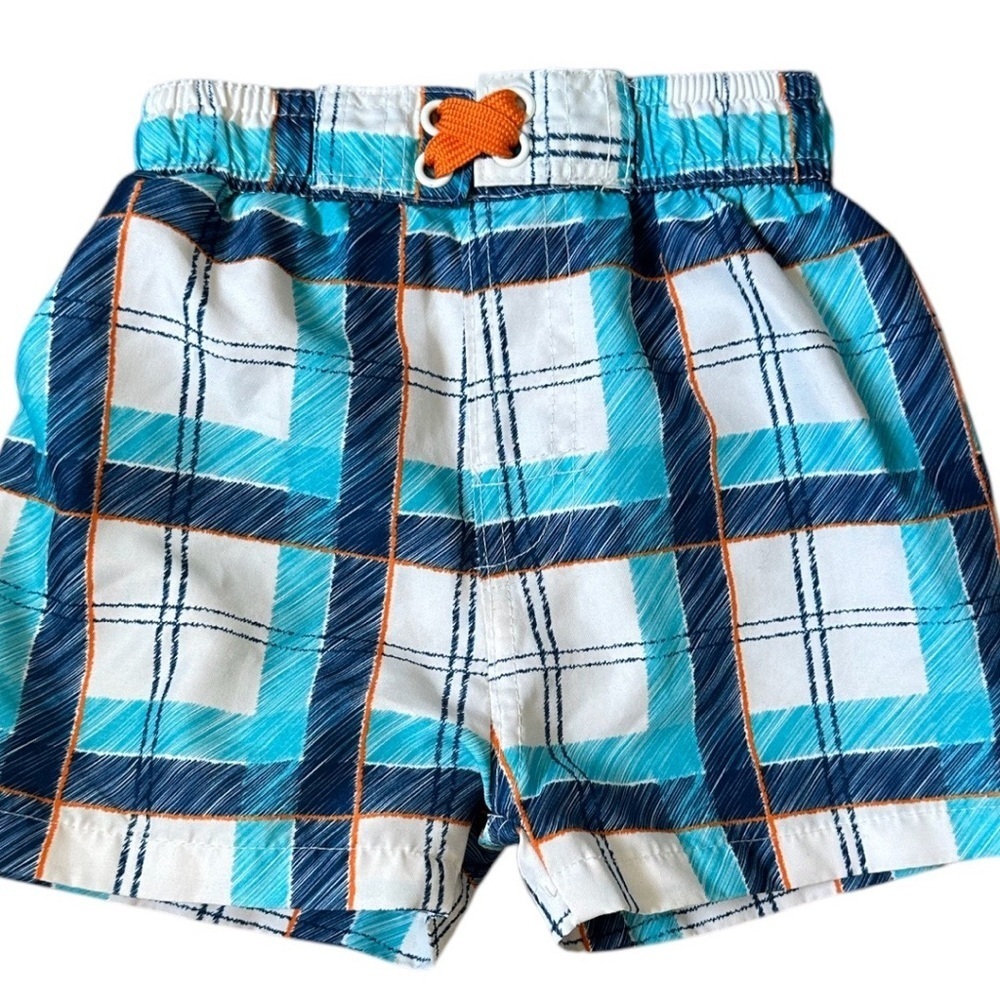 Y2K Baby Boy Swim Trunks Plaid Swim Shorts Vibrant Blue White and Orange 12 M